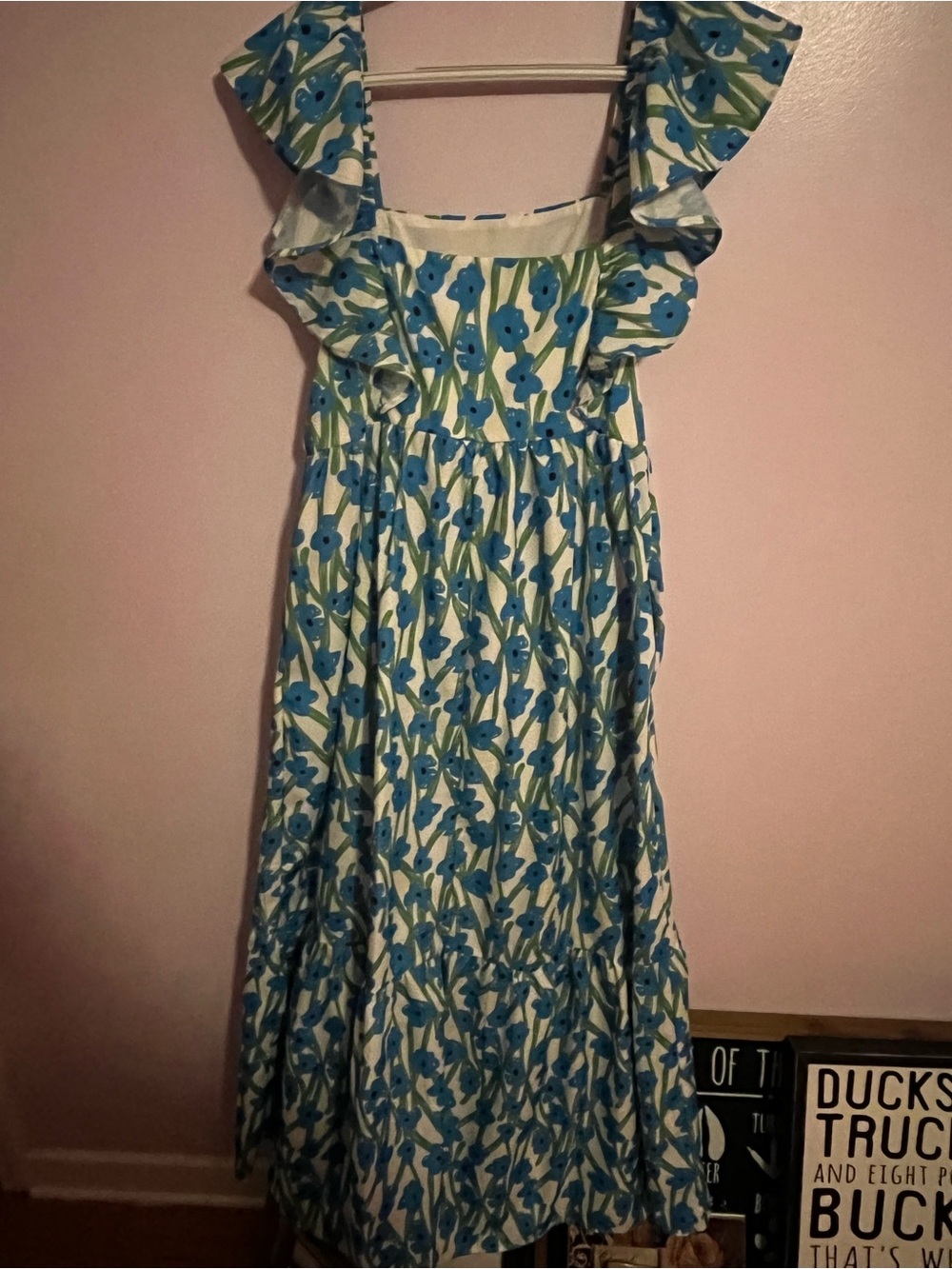 Women’s Blue Floral Ruffle-Strap Midi Dress